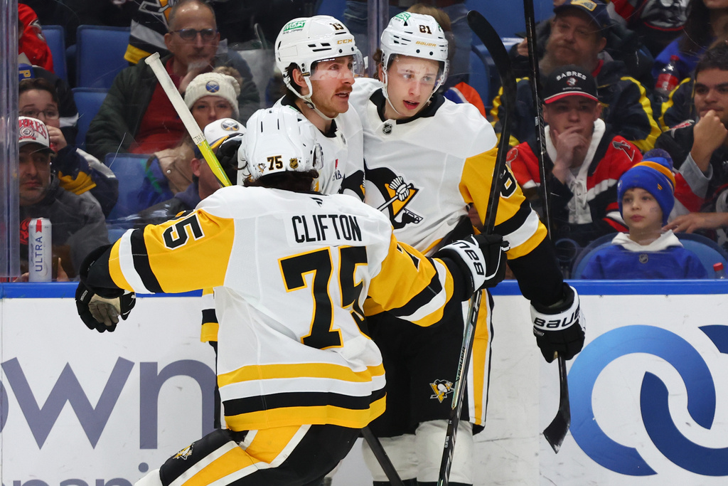 Pittsburgh Penguins center Ben Kindel (81) ,right, celebrates his goal with center Connor Dewar (19) ,center, and defenseman Connor Clifton (75) ,left, during the second period of an NHL hockey game against the Buffalo Sabres Thursday, Feb. 5, 2026, in Buffalo, N.Y. (AP Photo/Jeffrey T. Barnes)