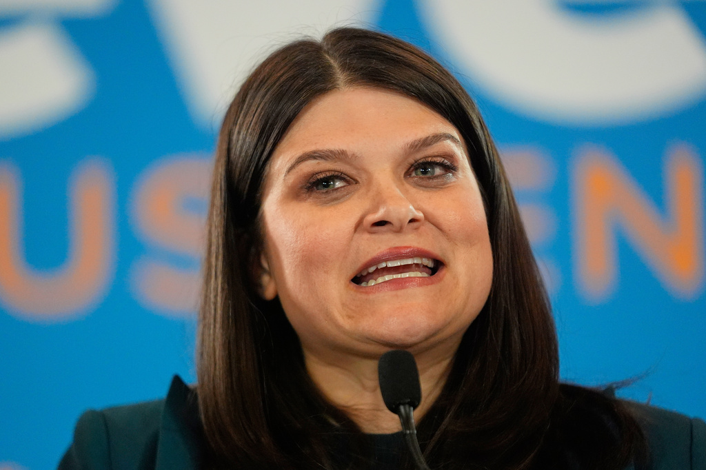 Rep. Haley Stevens, D-Mich., a candidate in the Democratic primary for U.S. Senate in Michigan, speaks during a primary election night event Wednesday, Aug. 5, 2026, in Detroit. (AP Photo/Paul Sancya)
