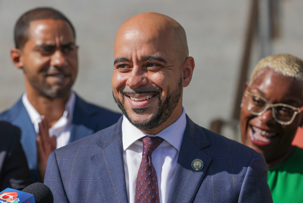 Louisiana state Sen. Royce Duplessis speaks to the media after submitting his qualifying paperwork to run for mayor at the Orleans Parish Clerk of Court's Office in New Orleans on Thursday, July 10, 2025. (Brett Duke/The Times-Picayune/The New Orleans Advocate via AP)