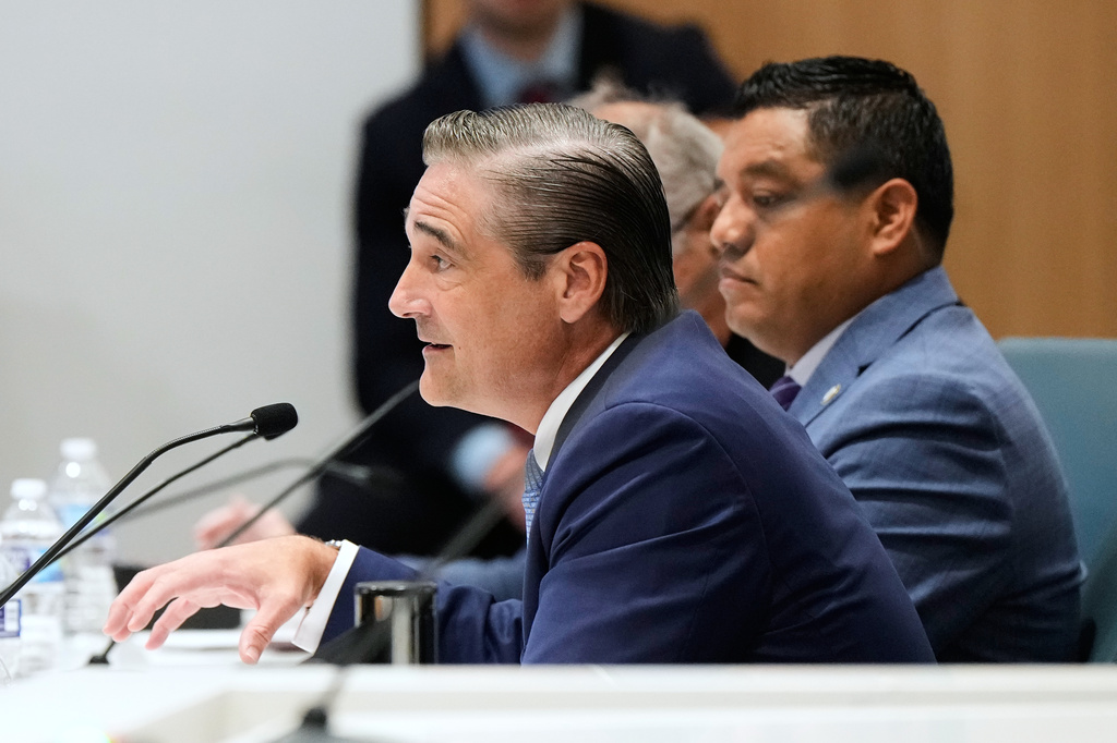 Harris County District Attorney Sean Teare speaks during an oversight forum on Friday, July 24, 2026, in Houston, about the death of Lorenzo Salgado Araujo, who was shot and killed by an ICE officer. (AP Photo/Ashley Landis)