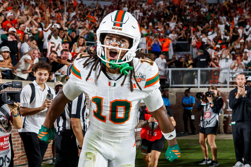 Miami wide receiver Malachi Toney (10) celebrates scoring a touchdown during the first half of an NCAA college football game, Saturday, Oct. 4, 2025, in Tallahassee, Fla. (AP Photo/Colin Hackley) Miami wide receiver Malachi Toney (10) celebrates scoring a touchdown during the first half of an NCAA college football game, Saturday, Oct. 4, 2025, in Tallahassee, Fla. (AP Photo/Colin Hackley)