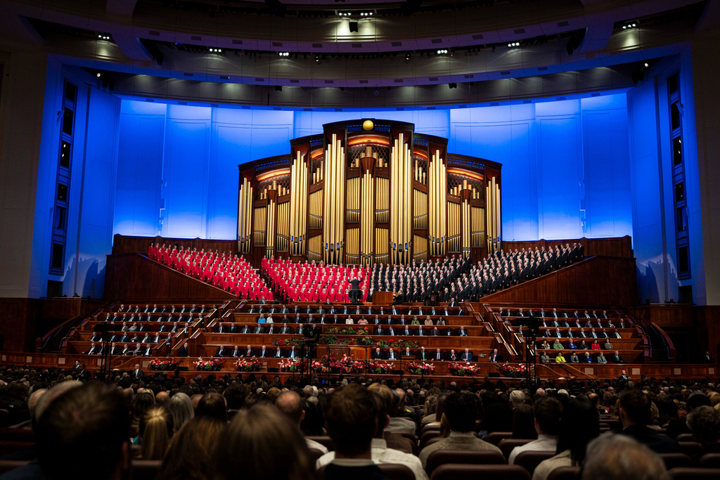 The Tabernacle Choir and Orchestra at Temple Square perform during the morning session of the 195th Semiannual General Conference of The Church of Jesus Christ of Latter-day Saints at the Conference Center in Salt Lake City on Saturday, Oct. 4, 2025. (Isaac Hale/The Deseret News via AP)