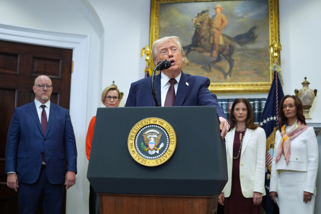 President Donald Trump speaks during an event on prescription drug prices in the Roosevelt Room of the White House, Friday, Dec. 19, 2025, in Washington. (AP Photo/Evan Vucci)