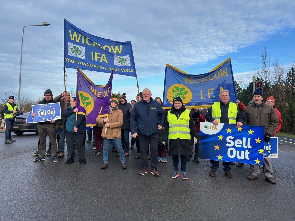 People protest against the EU-Mercosur trade deal in Athlone, Ireland, Saturday Jan. 10, 2026. (Cillian Sherlock/PA via AP)