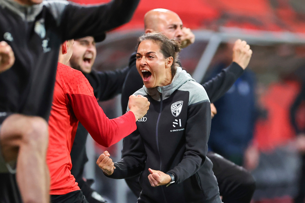 FILE - Coach Sabrina Wittmann from Ingolstadt reacts during the 3. Liga soccer match between FC Ingolstadt and SV Waldhof Mannheim on May 5, 2024. (Daniel Karmann/dpa via AP, File)