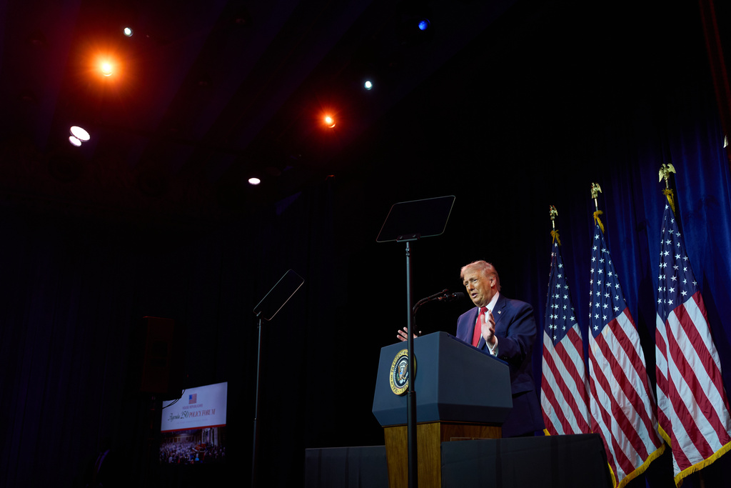 President Donald Trump speaks to House Republican lawmakers during their annual policy retreat, Tuesday, Jan. 6, 2026, in Washington. (AP Photo/Evan Vucci)