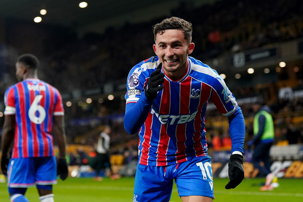 Crystal Palace's Yeremi Pino celebrates scoring during the English Premier League soccer match at Molineux Stadium, Wolverhampton, England, Saturday Nov. 22, 2025. (Nick Potts/PA via AP)