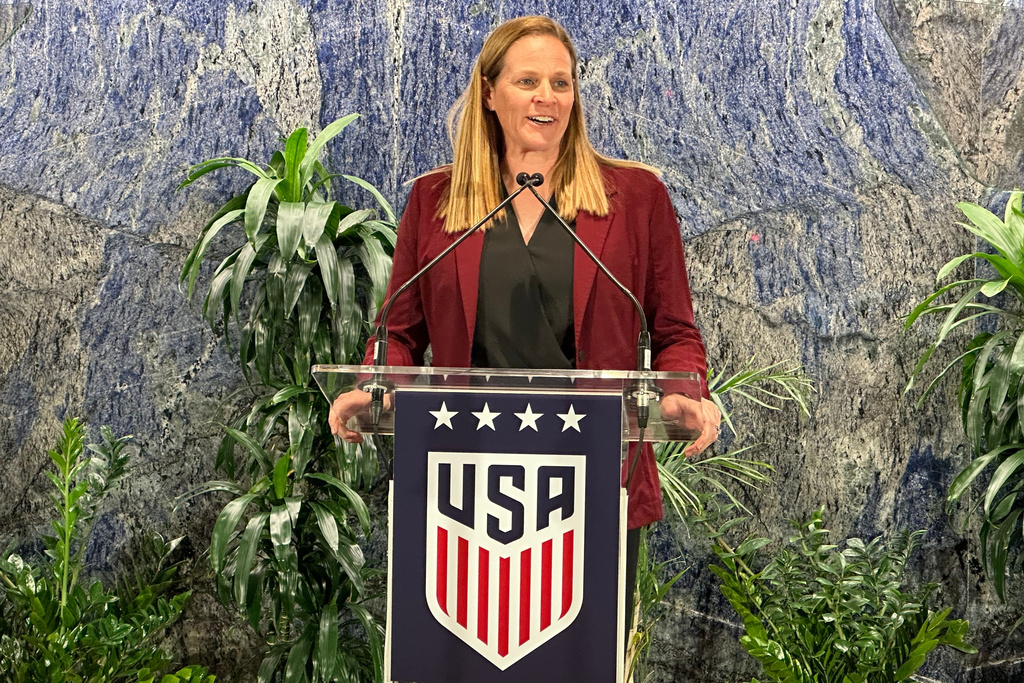 United States Soccer president Cindy Parlow Cone speaks at a news conference in New York, Monday, Oct. 20, 2025, to announce the U.S., Mexico, Jamaica, and Costa Rica have joined a proposal to co-host the 2031 Women's World Cup, the only bid being considered by FIFA. (AP Photo/Ron Blum)