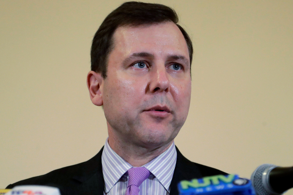 FILE - In this Jan. 15, 2019, file photo, New Jersey Senate Minority Leader Tom Kean Jr., R-Westfield, addresses reporters in Trenton, N.J. (AP Photo/Julio Cortez, File)