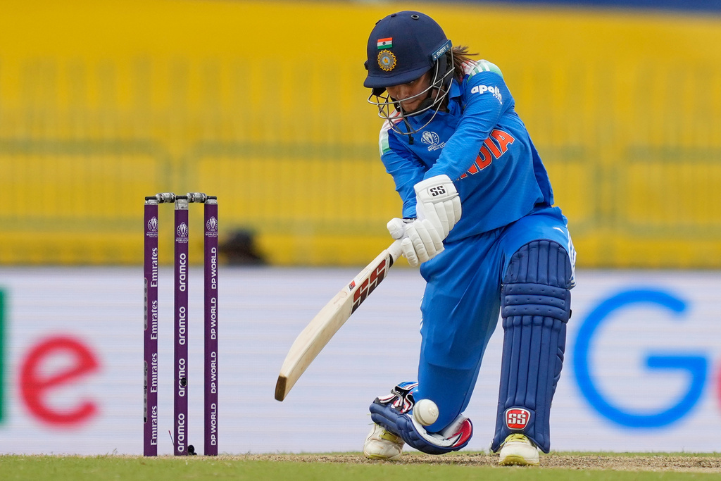India's Harleen Deol plays a shot during the ICC Women's Cricket World Cup match between India and Pakistan at Premadasa Stadium in Colombo, Sri Lanka, Sunday, Oct, 5, 2025. (AP Photo/Eranga Jayawardena)