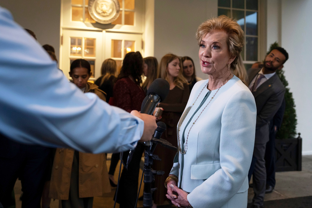 FILE - Secretary of Education Linda McMahon speaks to reporters at the White House in Washington, March 20, 2025. (AP Photo/Ben Curtis, File)