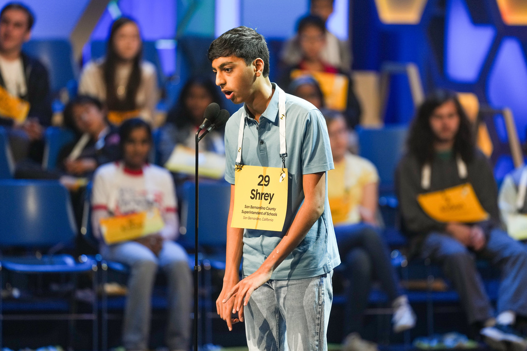 Shrey Parikh, 14, of Rancho Cucamonga, Calif., competes during the first preliminary round of the Scripps National Spelling Bee, Tuesday, May 26, 2026, in Washington. (AP Photo/Allison Robbert)