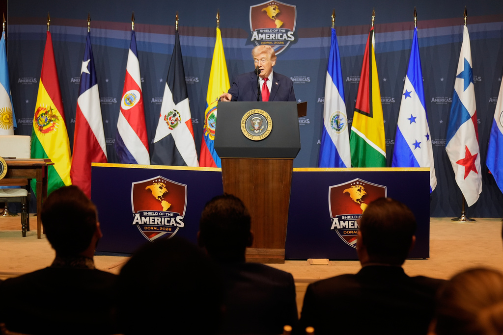 President Donald Trump speaks at the Shield of the Americas Summit, Saturday, March 7, 2026, at Trump National Doral Miami in Doral, Fla. (AP Photo/Rebecca Blackwell)