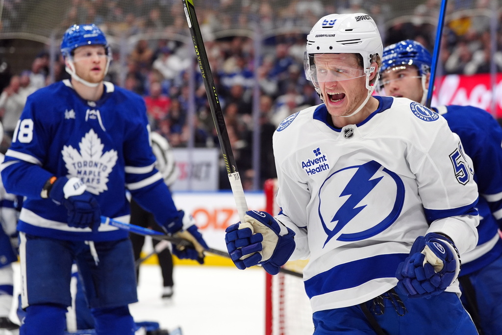 Tampa Bay Lightning Jake Guentzel (59) celebrates a goal against the Toronto Maple Leafs during first period NHL action in Toronto, on Saturday, March 7, 2026. (Frank Gunn/The Canadian Press via AP)