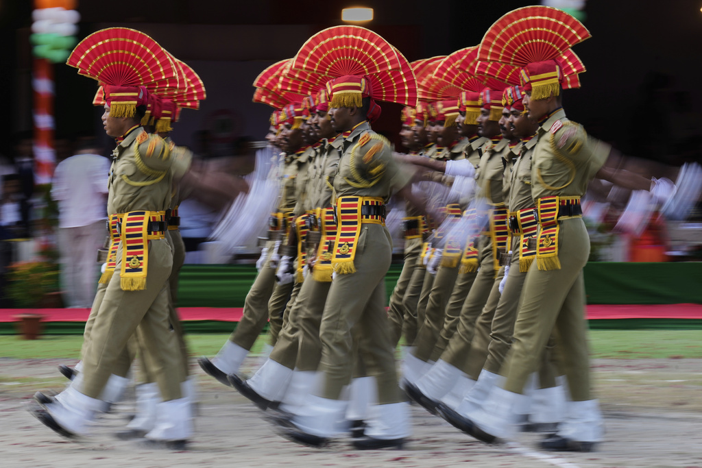 Assam Police personnel take part in a parade during the country's Independence Day celebrations in Guwahati, India Friday, Aug. 15, 2025. (AP Photo/Anupam Nath)
