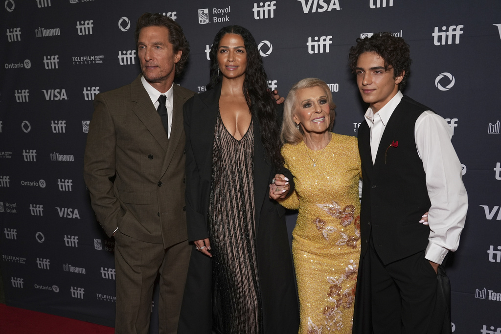 Matthew McConaughey, from left, Camila Alves, Kay McConaughey, and Levi McConaughey attend the premiere of "The Lost Bus" at the Princess of Wales Theatre during the Toronto International Film Festival on Friday, Sept. 5, 2025, in Toronto. (AP Photo/Chris Pizzello)
