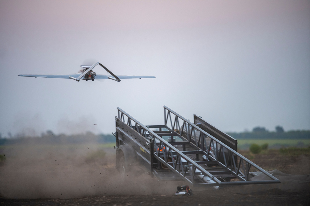 A Ukrainian "Chaklun" long-range strike drone takes off from a mobile launcher during an operational launch targeting Russian military installations in Crimea, from an undisclosed location in Ukraine on Thursday, Aug. 6, 2026. (AP Photo/Dan Bashakov)