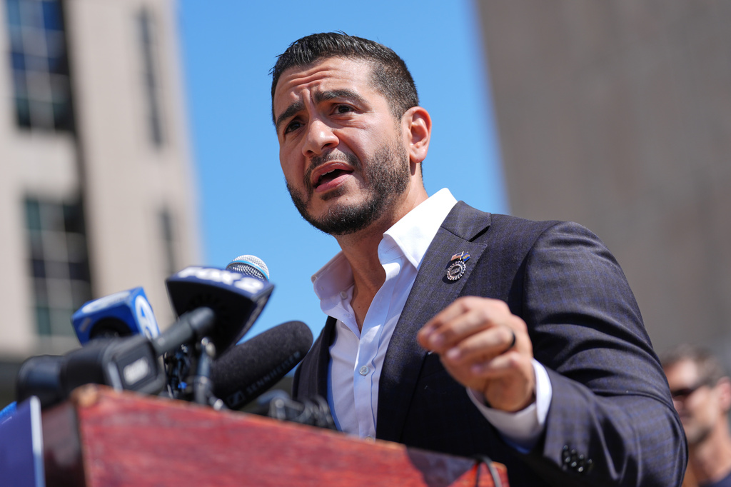 Abdul El-Sayed speaks during a news conference at the Spirit of Detroit shortly after winning the Democratic nomination for U.S. Senate in Michigan, Wednesday, Aug. 5, 2026, in Detroit. (AP Photo/Julia Demaree Nikhinson)