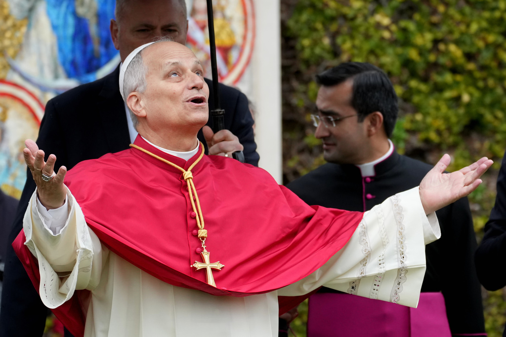 Pope Leo XIV arrives to bless a mosaic of the Virgin Mary and a statue of St. Rose of Lima in the Vatican Gardens, Saturday, Jan. 31, 2026. (AP Photo/Andrew Medichini)