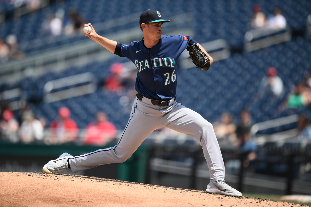 Seattle Mariners pitcher Emerson Hancock throws during the third inning of a baseball game against the Washington Nationals, Sunday, June 14, 2026, in Washington. (AP Photo/Nick Wass)