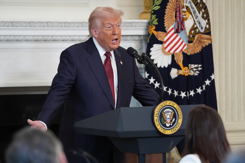 President Donald Trump speaks during a breakfast with Senate and House Republicans in the State Dining Room of the White House, Wednesday, Nov. 5, 2025, in Washington. (AP Photo/Evan Vucci)