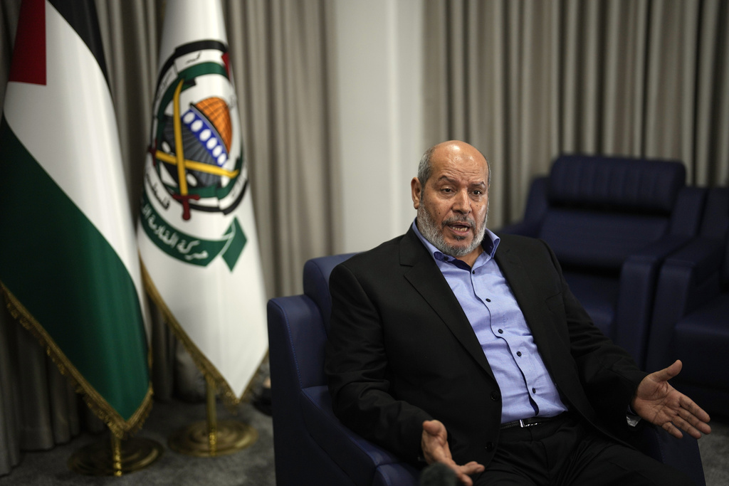 FILE - Khalil al-Hayya, a high-ranking Hamas official who has represented the Palestinian militant group in negotiations for a cease-fire and hostage exchange deal, speaks during an interview with The Associated Press, in Istanbul, Turkey, Wednesday, April 24, 2024. (AP Photo/Khalil Hamra, File)