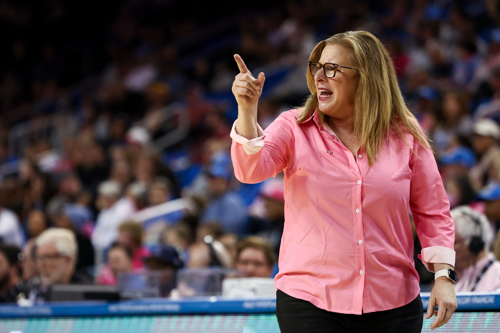 UCLA head coach Cori Close gestures during the first half of an NCAA college basketball game against Indiana, Sunday, Feb. 15, 2026, in Los Angeles. (AP Photo/Jessie Alcheh)