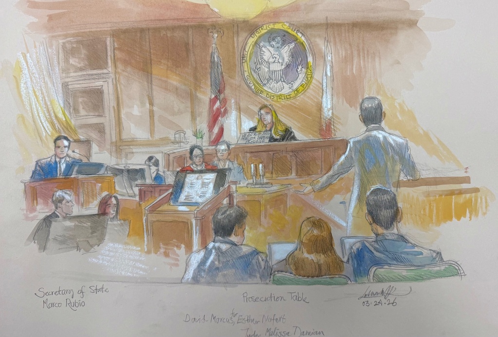 In this courtroom sketch Secretary of State Marco Rubio testifies during the trial of former Florida congressman David Rivera in District Court Judge Melissa Damian's courtroom, Tuesday, March 24, 2026, in Miami. (Lothar Speer via AP)