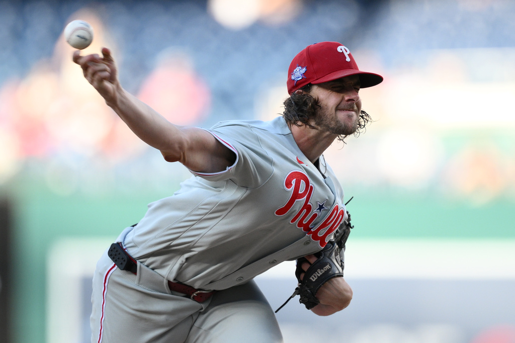 Philadelphia Phillies pitcher Aaron Nola throws during the first inning of a baseball game against the Washington Nationals, Wednesday, June 24, 2026, in Washington. (AP Photo/Nick Wass)