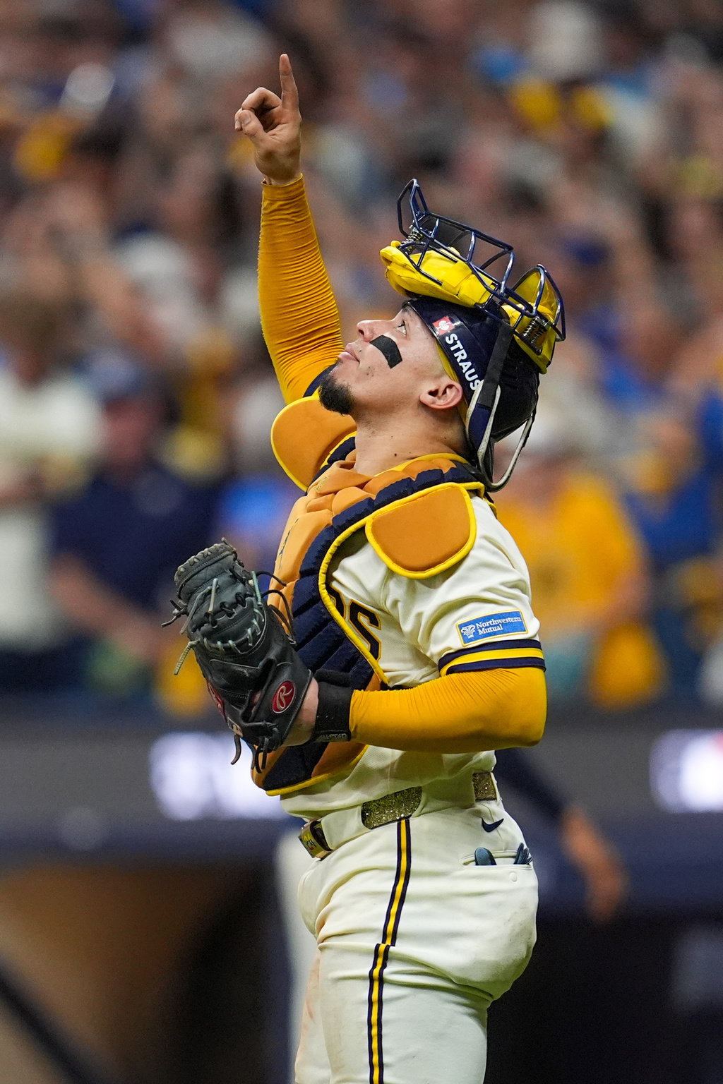 Milwaukee Brewers catcher William Contreras celebrates after Game 2 of baseball's National League Championship Series between the Milwaukee Brewers and the Los Angeles Dodgers, Monday, Oct. 12, 2026, in Milwaukee. (AP Photo/Abbie Parr)