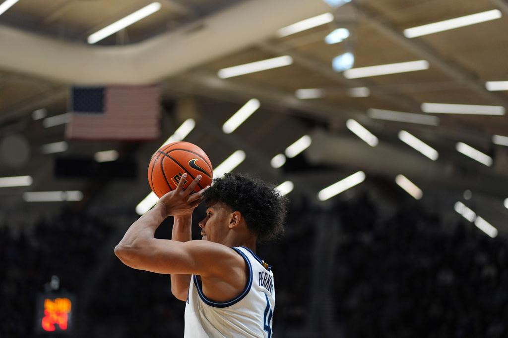 FILE - Villanova's Tyler Perkins goes up for a shot during the second half of an NCAA college basketball game against St. John's, Wednesday, Feb. 12, 2025, in Villanova, Pa. (AP Photo/Matt Slocum)