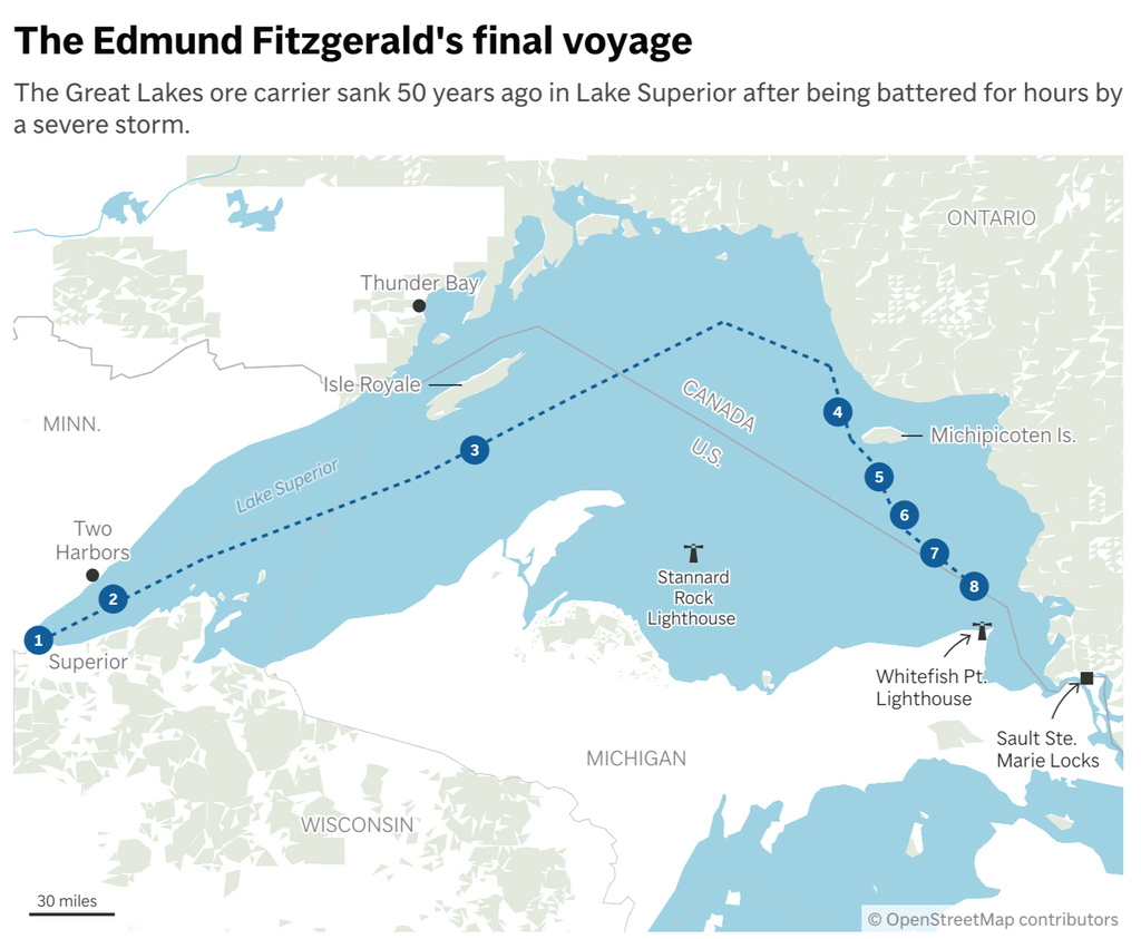 The Edmund Fitzgerald met a watery end in Lake Superior 50 years ago. (AP Digital Embed)