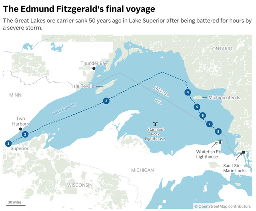 The Edmund Fitzgerald met a watery end in Lake Superior 50 years ago. (AP Digital Embed) The Edmund Fitzgerald met a watery end in Lake Superior 50 years ago. (AP Digital Embed)
