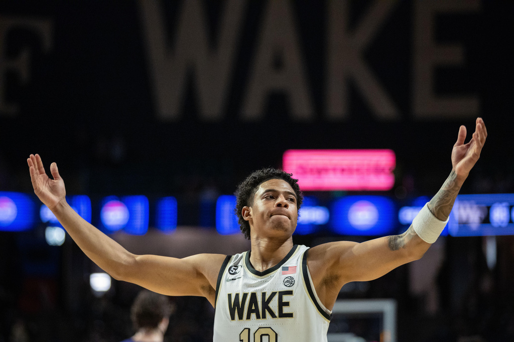 Wake Forest guard Sebastian Akins (10) celebrates after defeating Clemson in an NCAA college basketball game Wednesday, Feb. 18, 2026, in Winston-Salem, N.C. (AP Photo/Scott Kinser)