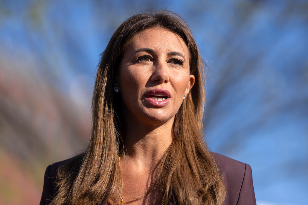 FILE - Alina Habba, President Donald Trump's pick to be the interim U.S. Attorney for New Jersey, speaks with reporters outside the White House, March 26, 2025, in Washington. (AP Photo/Mark Schiefelbein, File)