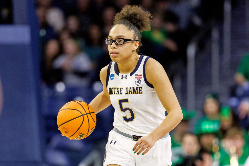 FILE - Notre Dame guard Olivia Miles (5) advances the ball during the second half in the first round of the NCAA college basketball tournament against Stephen F. Austin, March 21, 2025, in South Bend, Ind. (AP Photo/John Mersits, File)