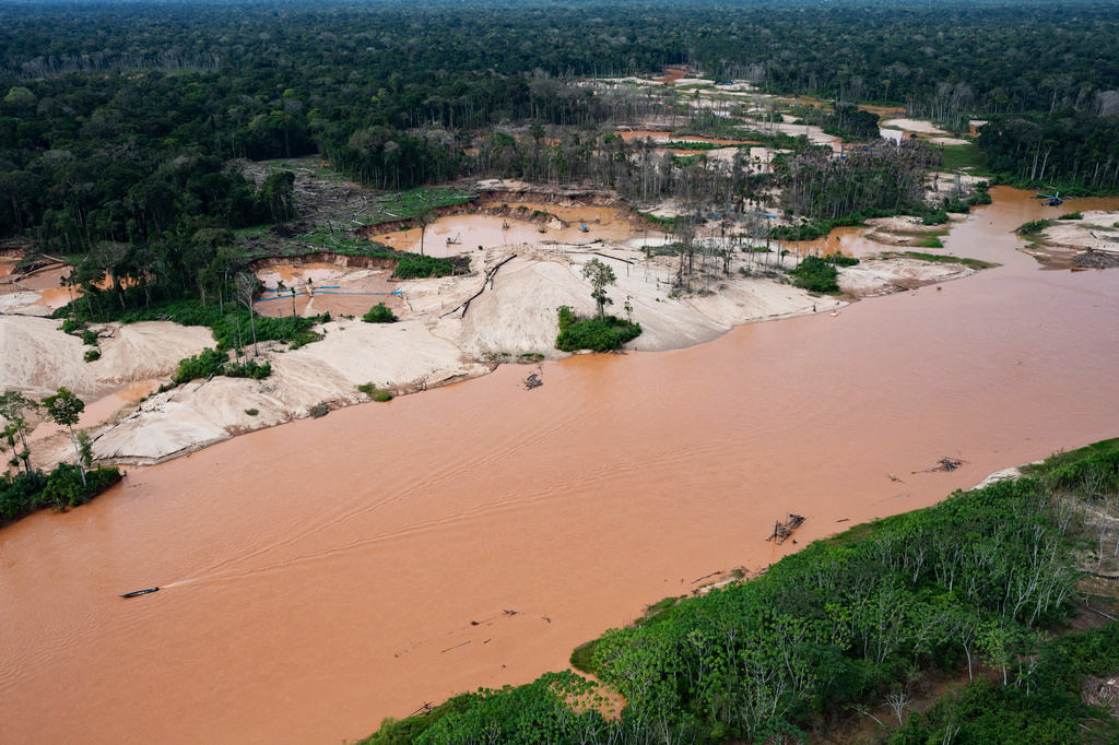 Deforestation from illegal mining borders the Malinowski River in the Tambopata National Reserve in Puerto Maldonado, Peru, Tuesday, Aug. 11, 2026. (AP Photo/Guadalupe Pardo)