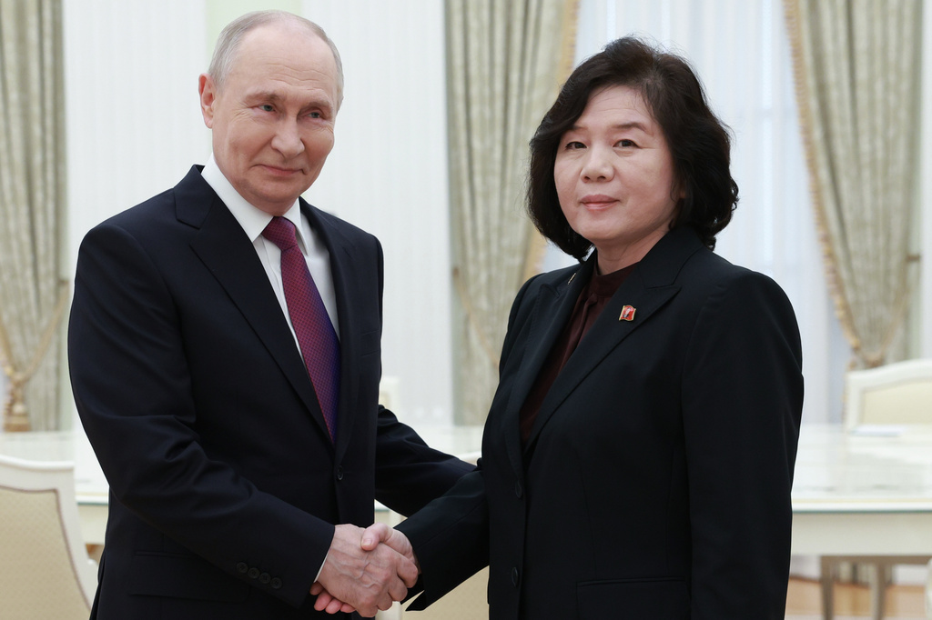 Russian President Vladimir Putin shakes hands with North Korean Foreign Minister Choe Son Hui during their meeting at the Kremlin in Moscow, Sunday, July 19, 2026. (Alexander Shcherbak, Sputnik, Kremlin Pool Photo via AP)
