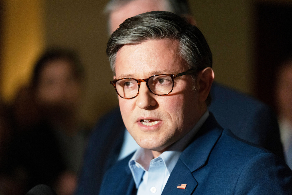 House Speaker Mike Johnson of La., speaks to reporters following a House and Senate Intelligence Committee briefing about the Iran war at the Capitol in Washington, Monday, March 2, 2026. (AP Photo/Manuel Balce Ceneta)