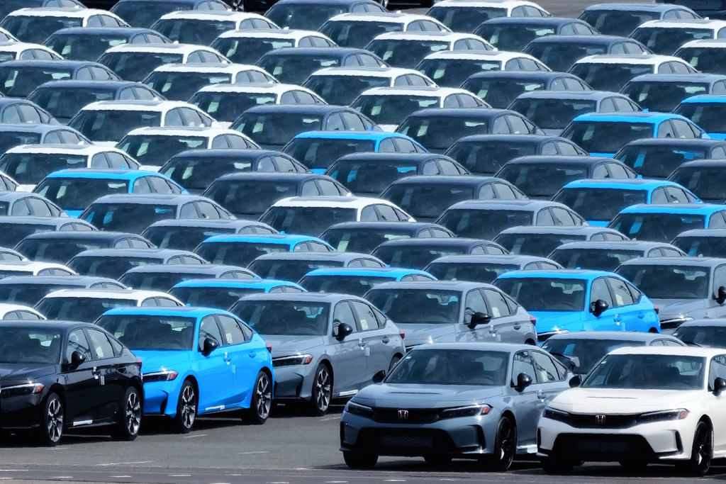 FILE - Export vehicles are parked at Daikoku Pier in Yokohama, near Tokyo, April 8, 2025. (AP Photo/Hiro Komae, File)