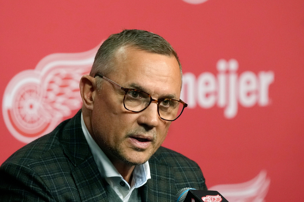 FILE - Detroit Red Wings executive VP/general manager Steve Yzerman speaks to the media following their NHL hockey season, Friday, April 19, 2024, in Detroit. (AP Photo/Carlos Osorio, File)
