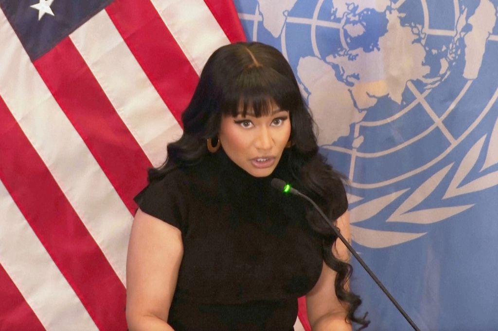CORRECTS LOCATION: In this image taken from video, pop star Nicki Minaj joined faith leaders Tuesday Nov. 18, 2025, at the U.S. Mission in New York, to lend support for protecting religious freedom, and addressing the rising levels of violence toward Christians in Nigeria. Minaj was invited to speak at the U.S. mission to the United Nations by U.S. Ambassador Mike Waltz. (AP Photo/Joseph B. Frederick)