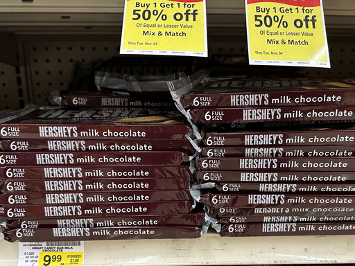 Hershey's milk chocolates are displayed on a shelve at a grocery store in Mount Prospect, Ill., Monday, Oct. 20, 2025. (AP Photo/Nam Y. Huh) Hershey's milk chocolates are displayed on a shelve at a grocery store in Mount Prospect, Ill., Monday, Oct. 20, 2025. (AP Photo/Nam Y. Huh)