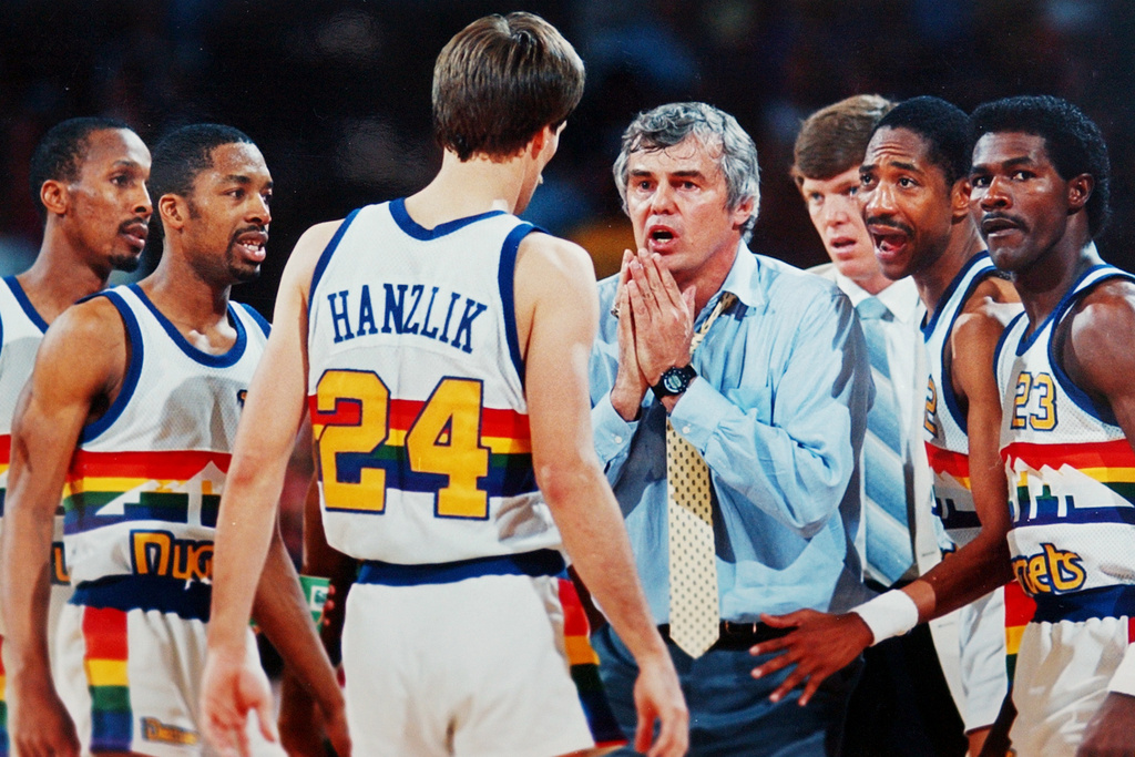 FILE - Former Denver Nuggets head coach Doug Moe pleads with his team during a timeout in the closing seconds of a NBA basketball game against the Houston Rockets in May 1986. (AP Photo/Ed Andrieski, File)