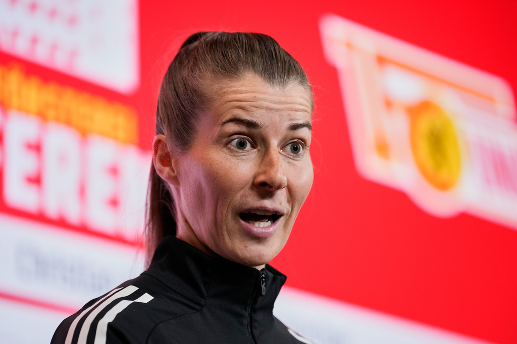 New head coach of German Bundesliga soccer club 1. FC Union Berlin Marie-Louise Eta attends a press conference in Berlin, Germany, Thursday, April 16, 2026. (AP Photo/Ebrahim Noroozi)