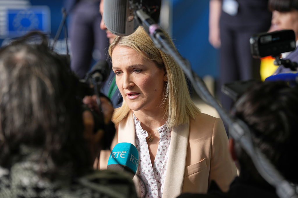 Ireland's Foreign Minister Helen McEntee speaks with the media as she arrives for a meeting of EU foreign ministers at the European Council building in Luxembourg, Tuesday, April 21, 2026. (AP Photo/Virginia Mayo)