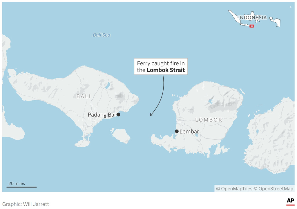 A map showing where a ferry caught fire in the Lombok Strait, Indonesia. (AP Digital Embed)