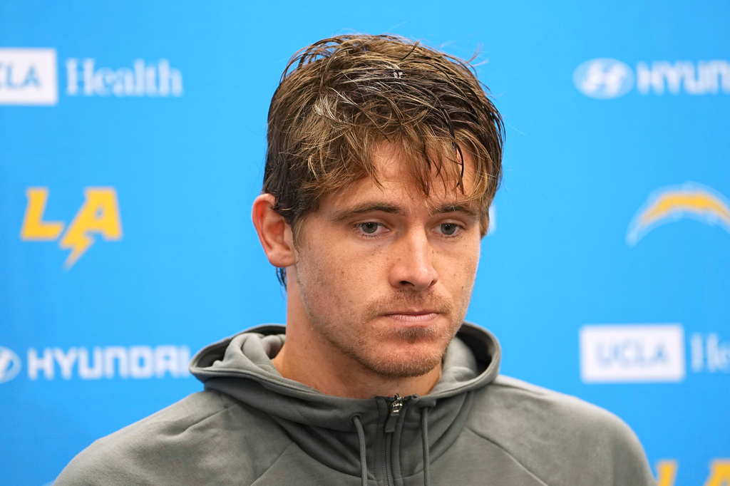 Los Angeles Chargers quarterback Justin Herbert speaks during a news conference after an NFL football game against the Buffalo Bills, Sunday, Sept. 27, 2026, in Orchard Park, N.Y. (AP Photo/Matt Rourke)