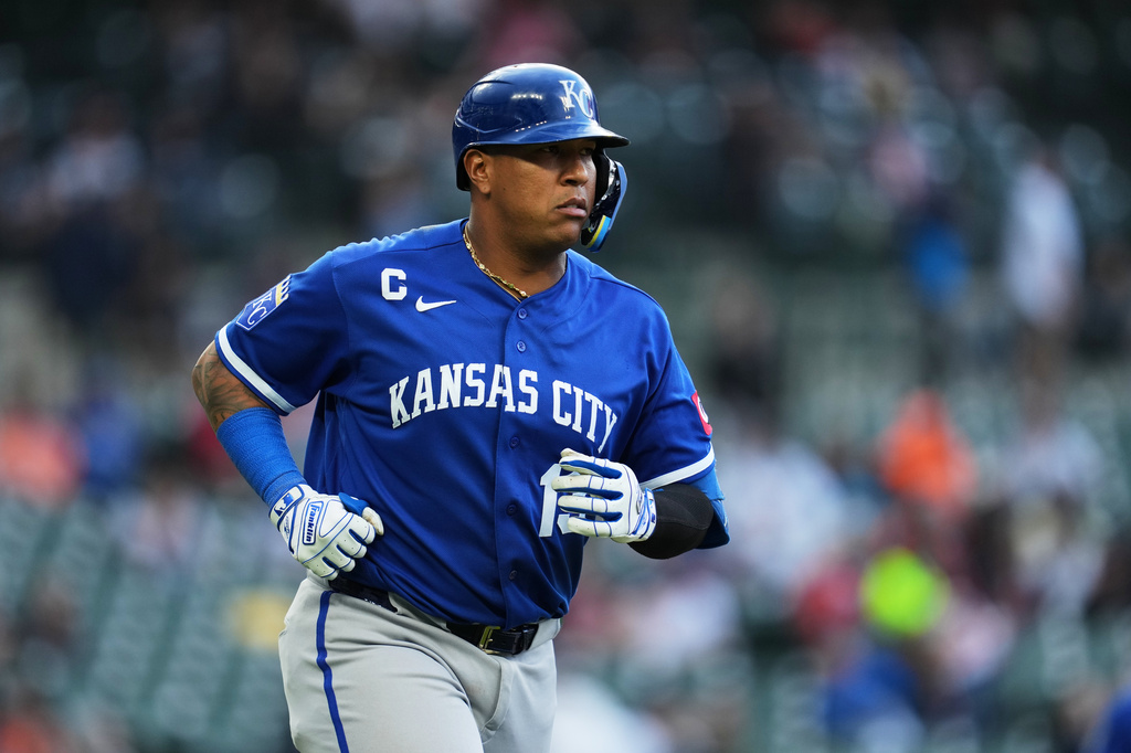 Kansas City Royals' Salvador Perez runs out his three-run home run against the Detroit Tigers during the seventh inning of a baseball game Thursday, April 16, 2026, in Detroit. (AP Photo/Paul Sancya)