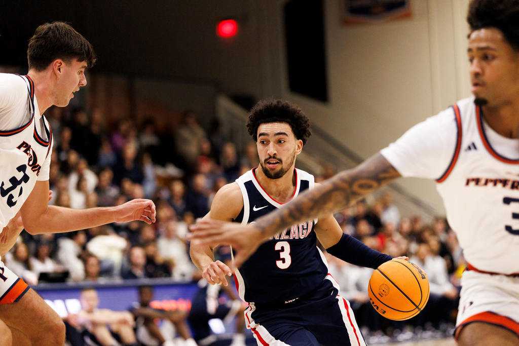 Gonzaga guard Braeden Smith (3) drives the ball down court during the first half of an NCAA college basketball game, Sunday, Dec. 28, 2025, Malibu, Calif. (AP Photo/Carlin Stiehl)